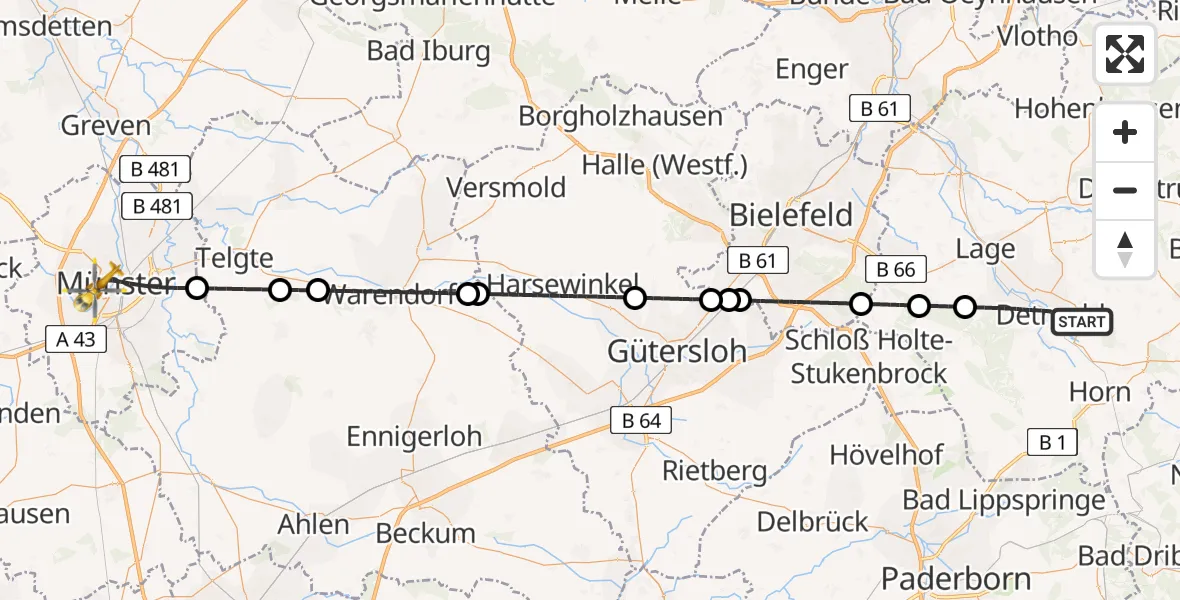 Flugroute Ambulanzhubschrauber Detmold - Münster, 23 Juli 2026, 11:51