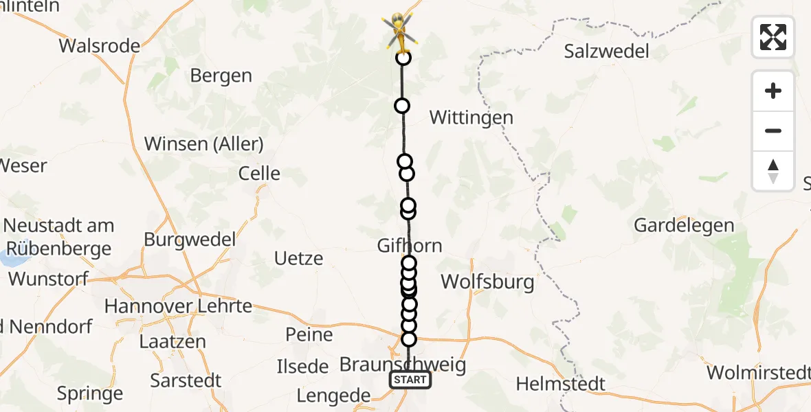 Flugroute Rettungshubschrauber Braunschweig - Uelzen, 23 Juli 2026, 11:54