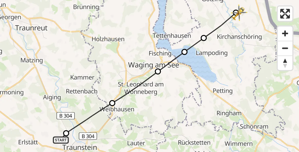 Flugroute Rettungshubschrauber Traunstein Hospital - Fridolfing, 23 Juli 2026, 11:56