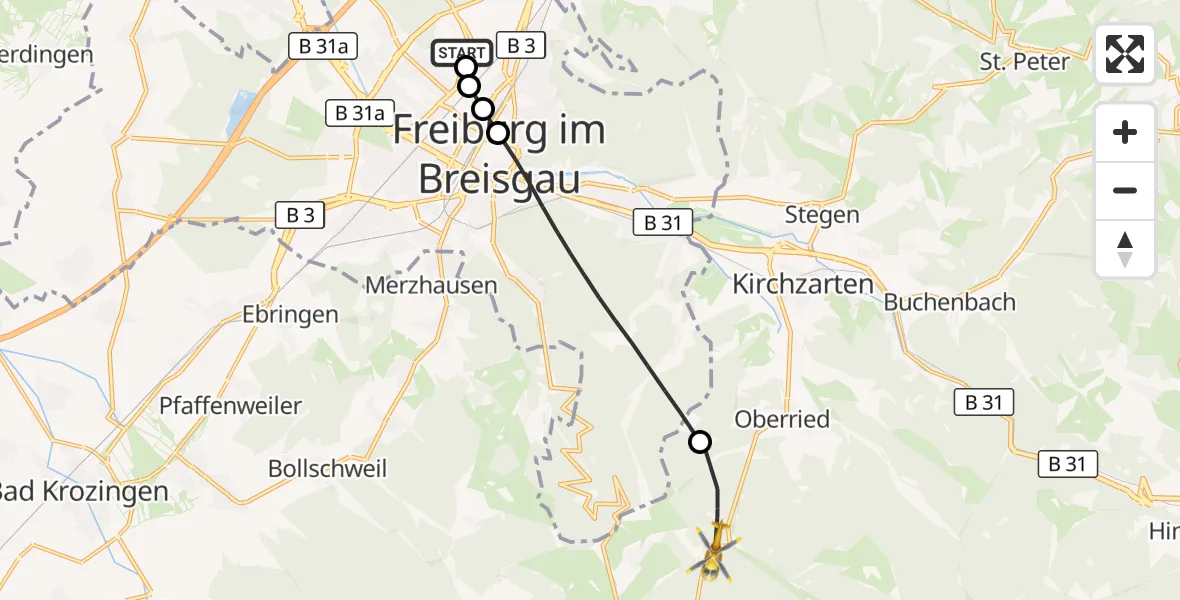 Flugroute Ambulanzhubschrauber Freiburg im Breisgau Flugplatz - Oberried, 23 Juli 2026, 12:05