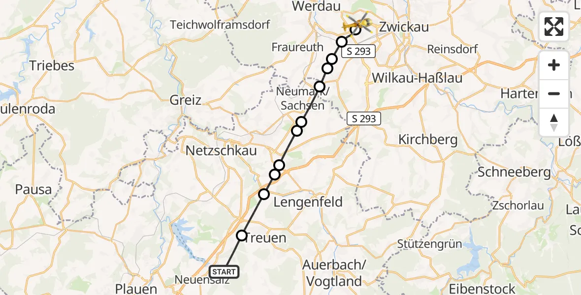 Flugroute Rettungshubschrauber Neuensalz - ADAC Air Rescue Station Zwickau Hubschrauberlandeplatz, 23 Juli 2026, 12:10