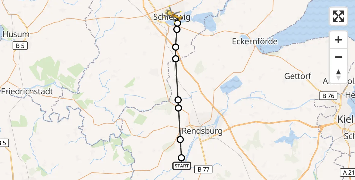 Flugroute Ambulanzhubschrauber Schülp b.Rendsburg - Schleswig, 23 Juli 2026, 12:10
