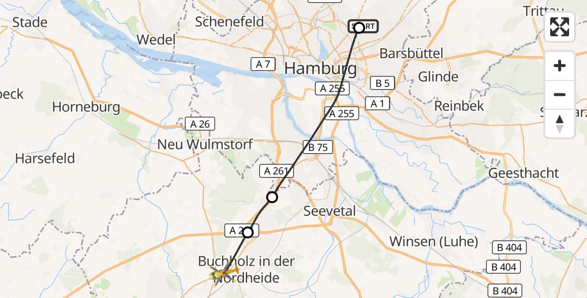 Flugroute Rettungshubschrauber Hamburg Military Hospital - Buchholz in der Nordheide, 23 Juli 2026, 12:10