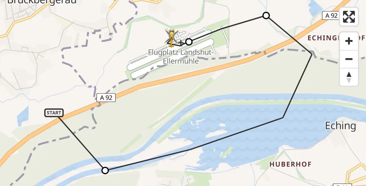 Flugroute Rettungshubschrauber Bruckberg - Landshut Flugplatz, 23 Juli 2026, 12:10