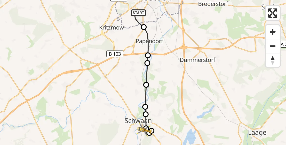 Flugroute Rettungshubschrauber Rostock - Schwaan, 23 Juli 2026, 12:14