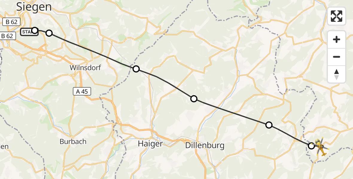 Flugroute Rettungshubschrauber Evangelisches Jung-Stilling Hospital - Bad Endbach, 23 Juli 2026, 12:16