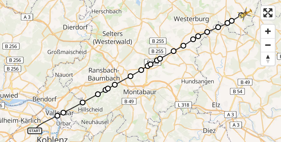 Flugroute Rettungshubschrauber Koblenz - Elsoff (Westerwald), 23 Juli 2026, 12:17