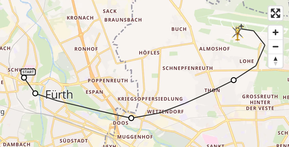 Flugroute Ambulanzhubschrauber Fürth Hospital - Flughafen Nuremberg, 23 Juli 2026, 12:19