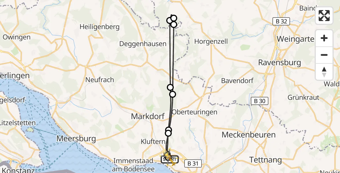 Flugroute Rettungshubschrauber Friedrichshafen Hospital - Friedrichshafen Hospital, 23 Juli 2026, 12:21
