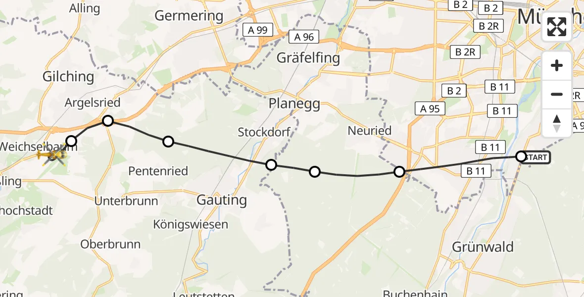 Flugroute Rettungshubschrauber ADAC Air Rescue Center Hubschrauberlandeplatz (Christoph 1) - Oberpfaffenhofen Flughafen, 23 Juli 2026, 12:24