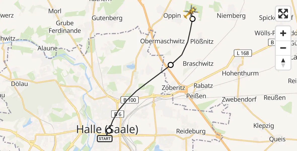 Flugroute Rettungshubschrauber Sankt Elisabeth and Sankt Barbara Hospital Halle (Saale) - Halle-Oppin Flugplatz, 23 Juli 2026, 12:25