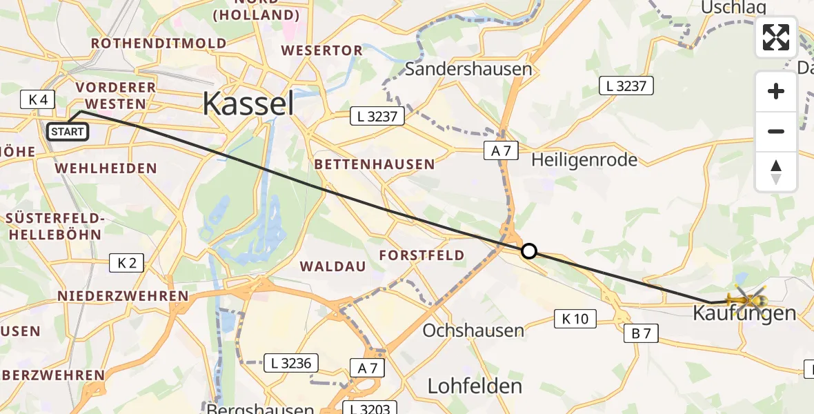 Flugroute Rettungshubschrauber Kassel - Kaufungen, 23 Juli 2026, 12:30