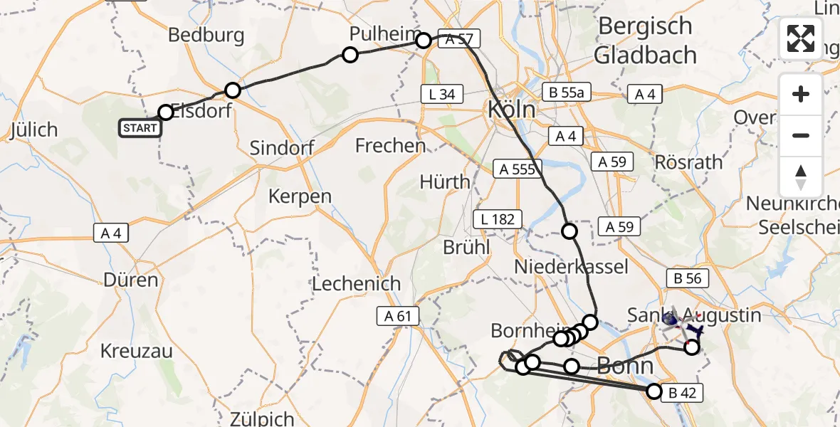 Flugroute Polizeihubschrauber Niederzier - Sankt Augustin, 23 Juli 2026, 12:31