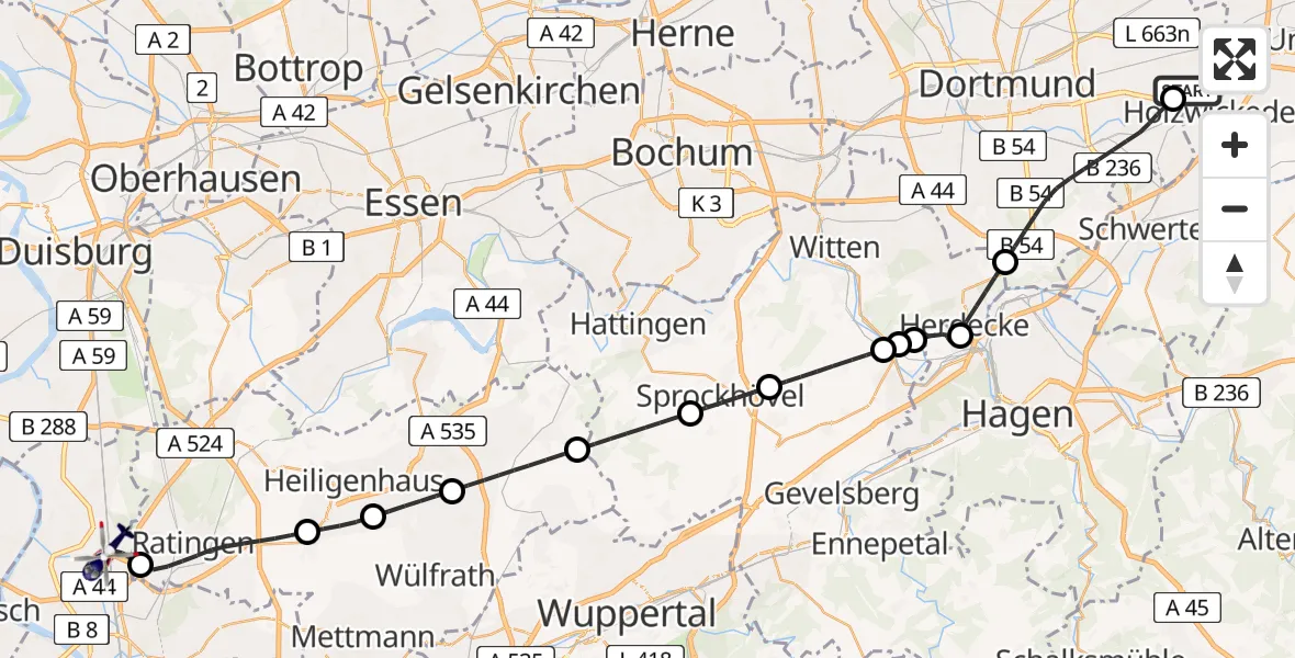 Flugroute Polizeihubschrauber Dortmund Flughafen - Düsseldorf Flughafen, 23 Juli 2026, 12:33