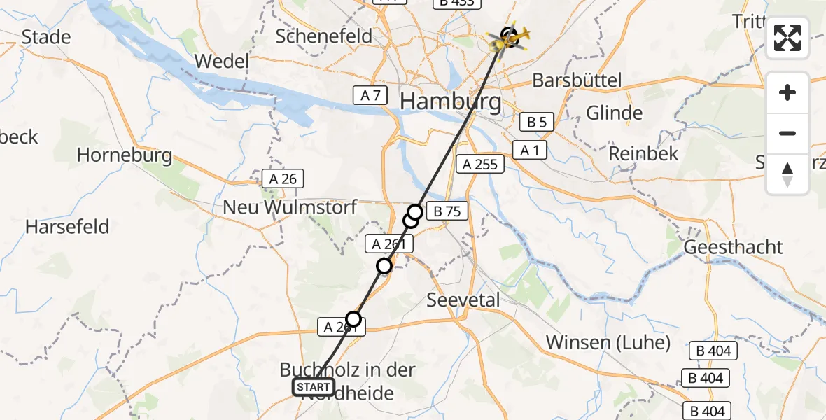 Flugroute Rettungshubschrauber Buchholz in der Nordheide - Hamburg Military Hospital, 23 Juli 2026, 12:40