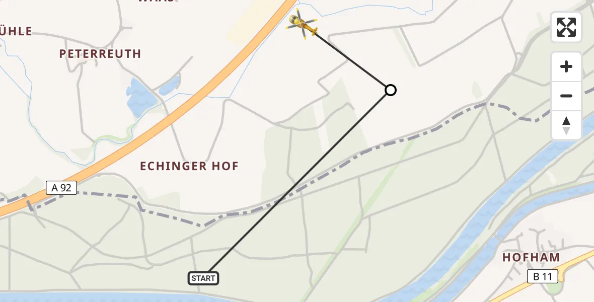Flugroute Rettungshubschrauber Eching - Landshut, 23 Juli 2026, 12:42