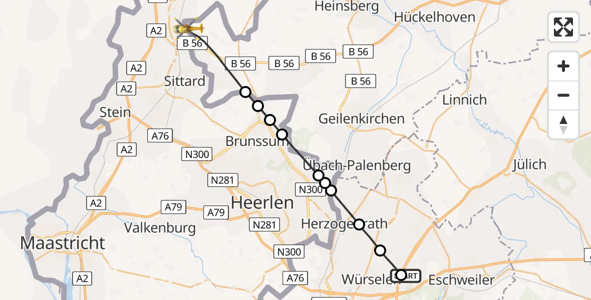 Flugroute Rettungshubschrauber Aachen-Merzbrück Flughafen - Selfkant, 23 Juli 2026, 12:46