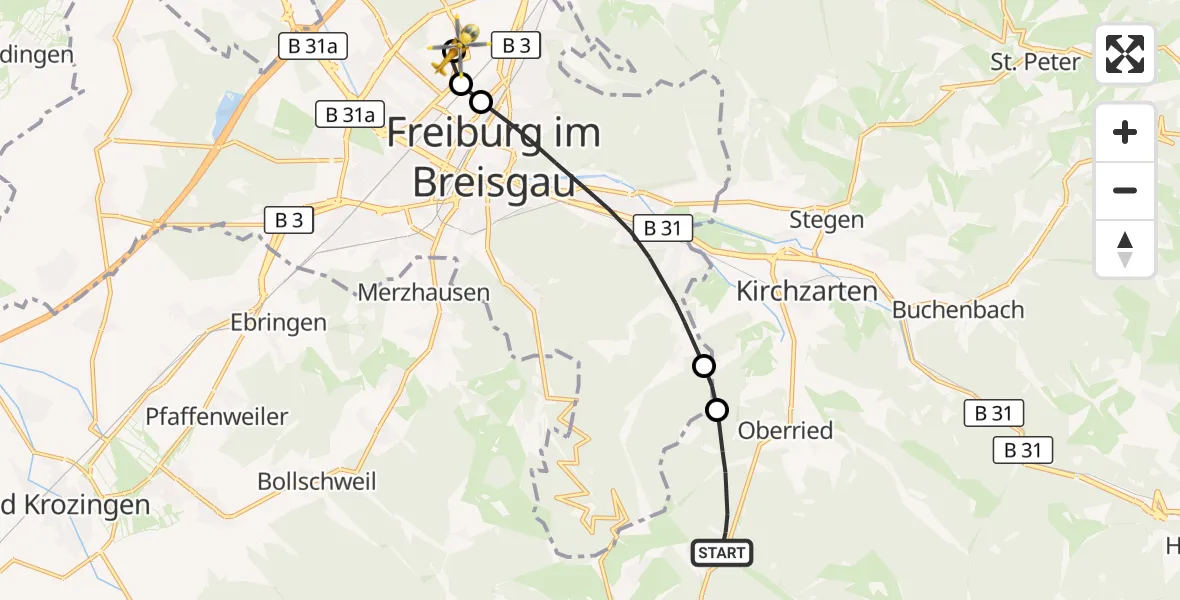 Flugroute Ambulanzhubschrauber Oberried - Freiburg im Breisgau Flugplatz, 23 Juli 2026, 12:52