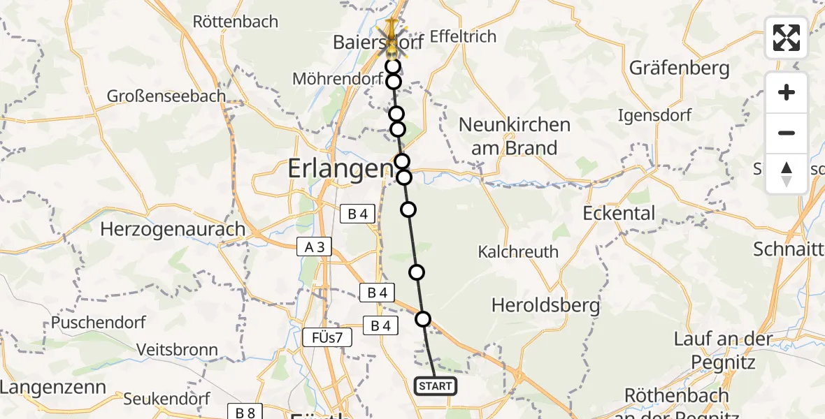 Flugroute Ambulanzhubschrauber Flughafen Nuremberg - Baiersdorf, 23 Juli 2026, 12:54