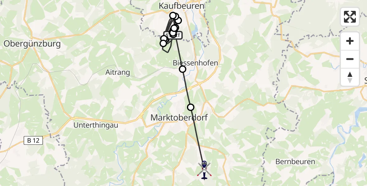 Flugroute Polizeihubschrauber Kaufbeuren - Marktoberdorf, 23 Juli 2026, 12:55