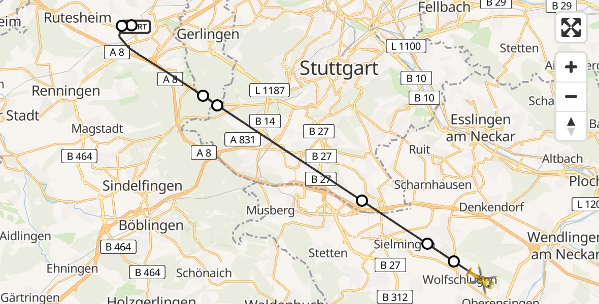 Flugroute Rettungshubschrauber Leonberg Hospital - Wolfschlugen, 23 Juli 2026, 12:58