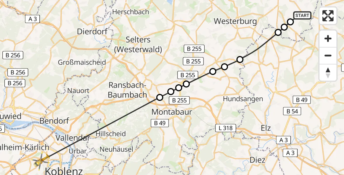 Flugroute Rettungshubschrauber Elsoff (Westerwald) - Koblenz, 23 Juli 2026, 12:58