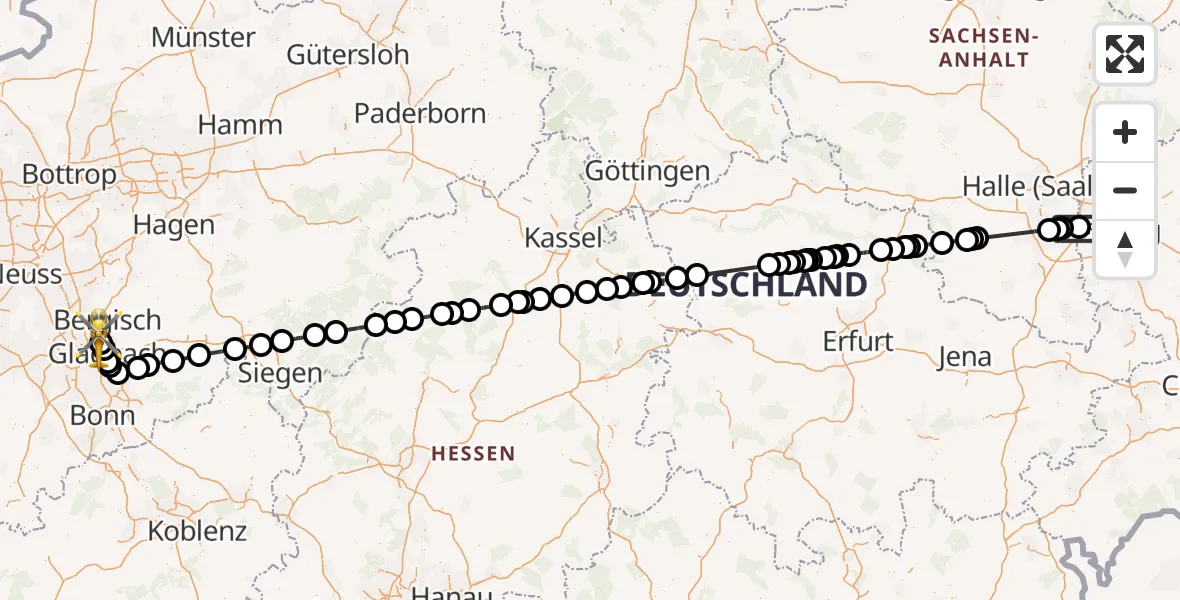 Flugroute Ambulanzhubschrauber ADAC Air Rescue Station Leipzig/Schkeuditz-Dölzig Hubschrauberlandeplatz (Christoph 61) - Köln, 23 Juli 2026, 13:00