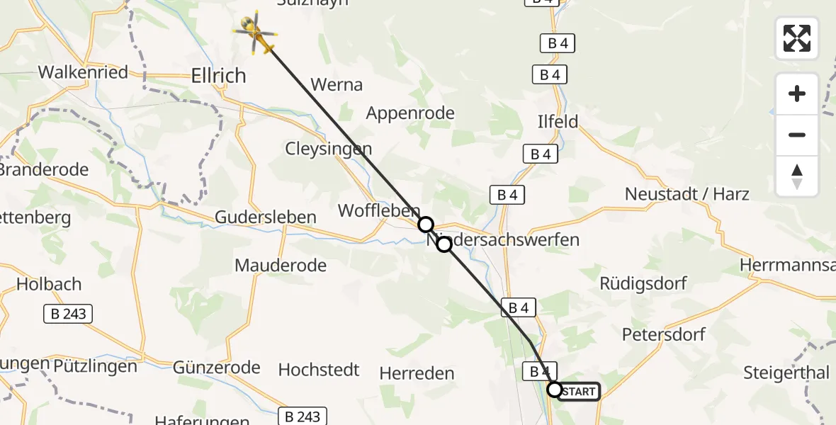 Flugroute Rettungshubschrauber Südharz Hospital Nordhausen - Ellrich, 23 Juli 2026, 13:02