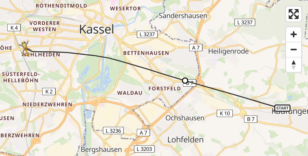 Flugroute Rettungshubschrauber Kaufungen - Kassel, 23 Juli 2026, 13:02