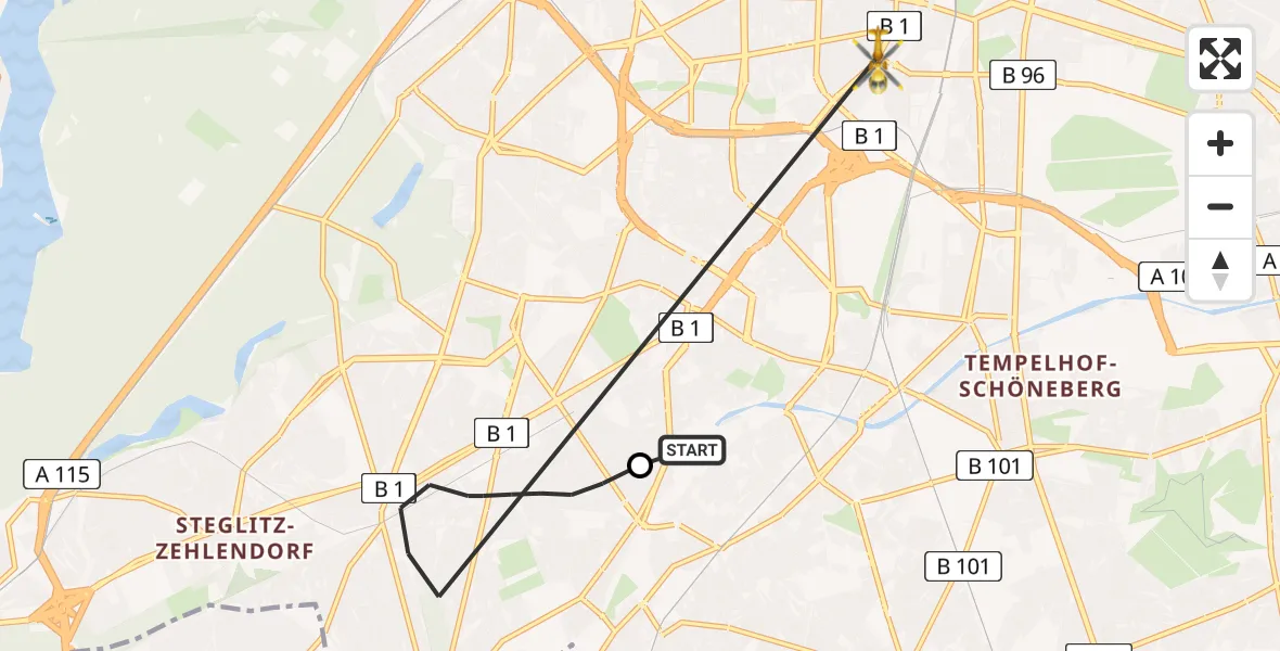 Flugroute Rettungshubschrauber Charité Clinic Benjamin Franklin Campus - Berlin, 23 Juli 2026, 13:03