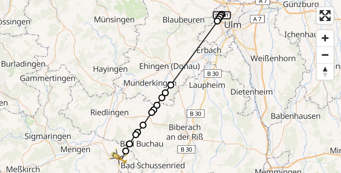 Flugroute Rettungshubschrauber Ulm Military Hospital Emergency - Bad Saulgau, 23 Juli 2026, 13:03
