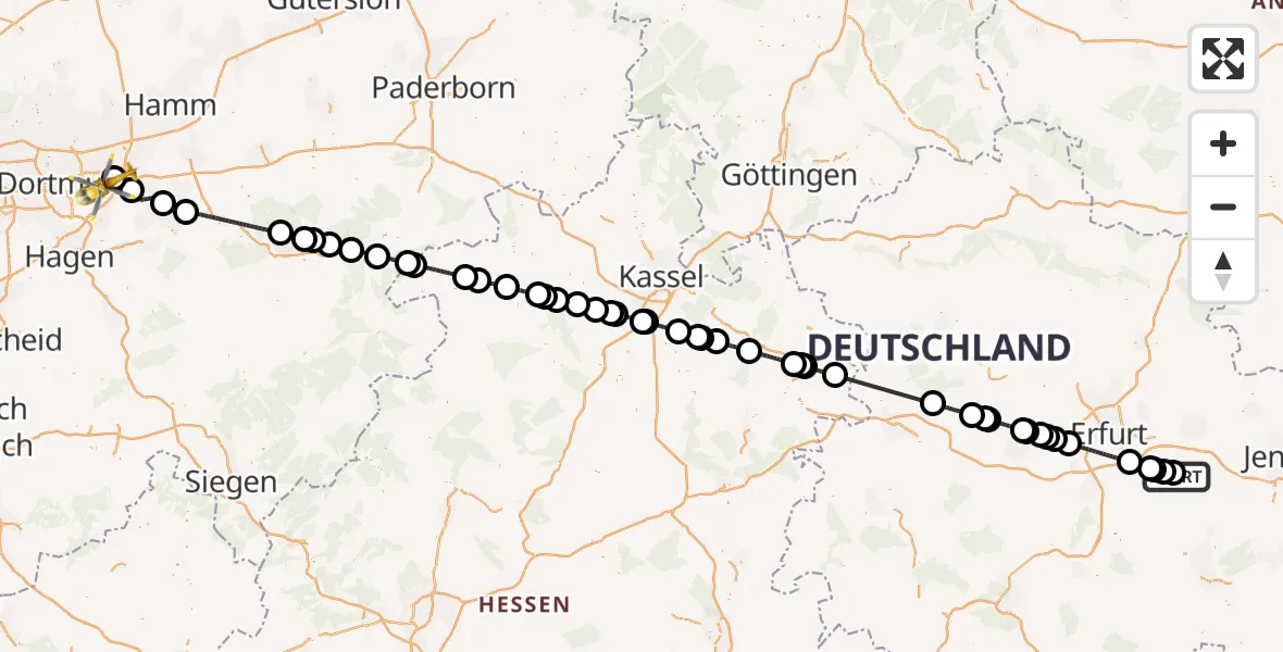 Flugroute Rettungshubschrauber DRF Rettungsstation Bad Berka Hubschrauberlandeplatz - Dortmund Flughafen, 23 Juli 2026, 13:17