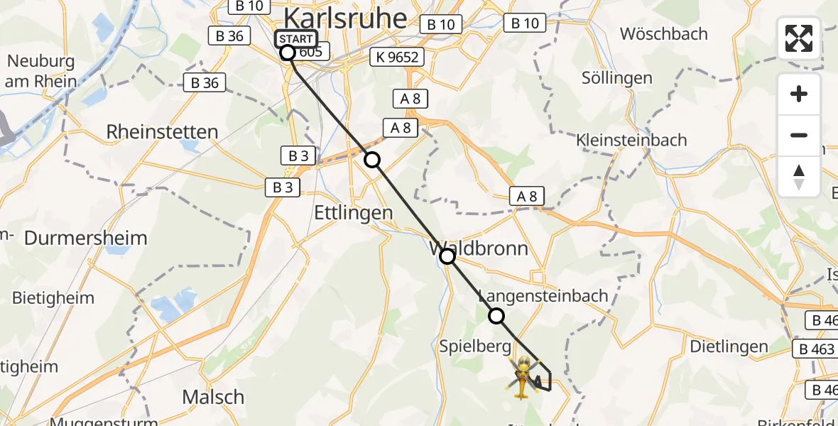 Flugroute Ambulanzhubschrauber Sankt Vincentius Hospital - Karlsbad, 23 Juli 2026, 13:18