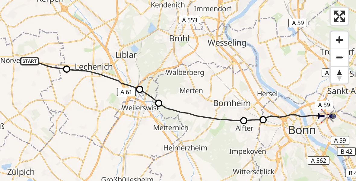 Flugroute Polizeihubschrauber Nörvenich - Bonn, 23 Juli 2026, 13:26