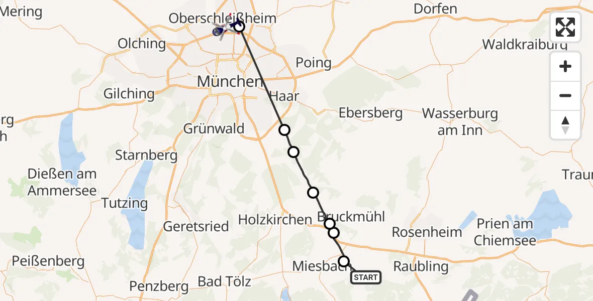 Flugroute Polizeihubschrauber Fischbachau - Oberschleissheim Hubschrauberlandeplatz, 23 Juli 2026, 13:27
