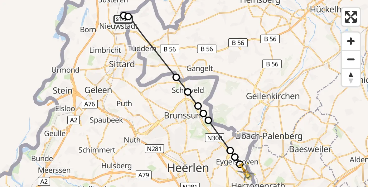 Flugroute Rettungshubschrauber Selfkant - Herzogenrath, 23 Juli 2026, 13:30