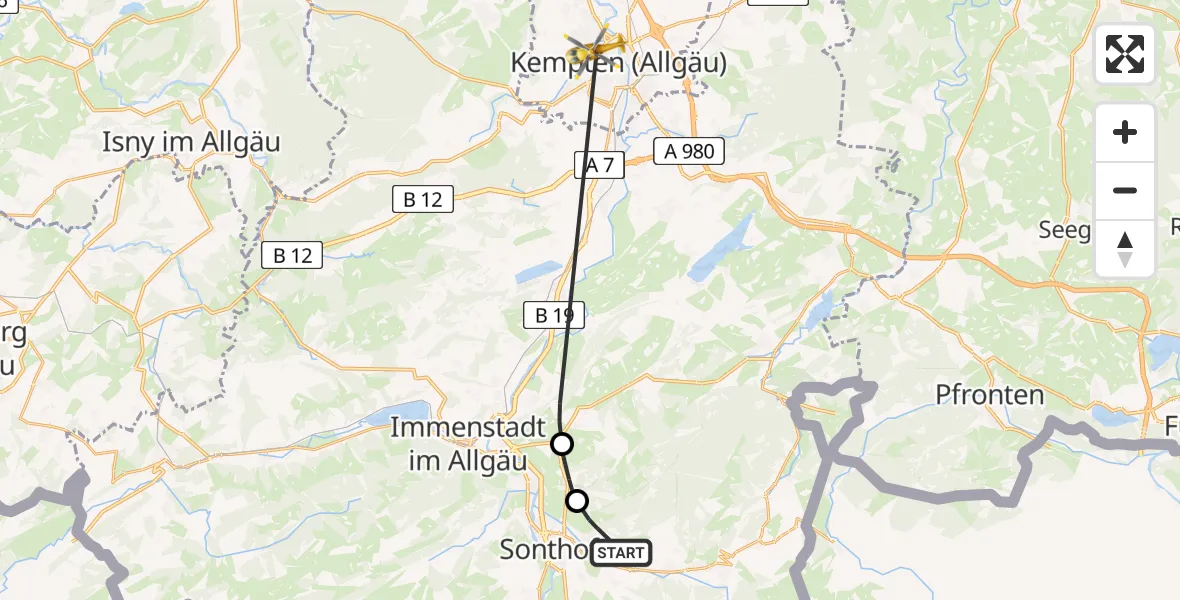 Flugroute Rettungshubschrauber Sonthofen - Kempten (Allgäu), 23 Juli 2026, 13:34