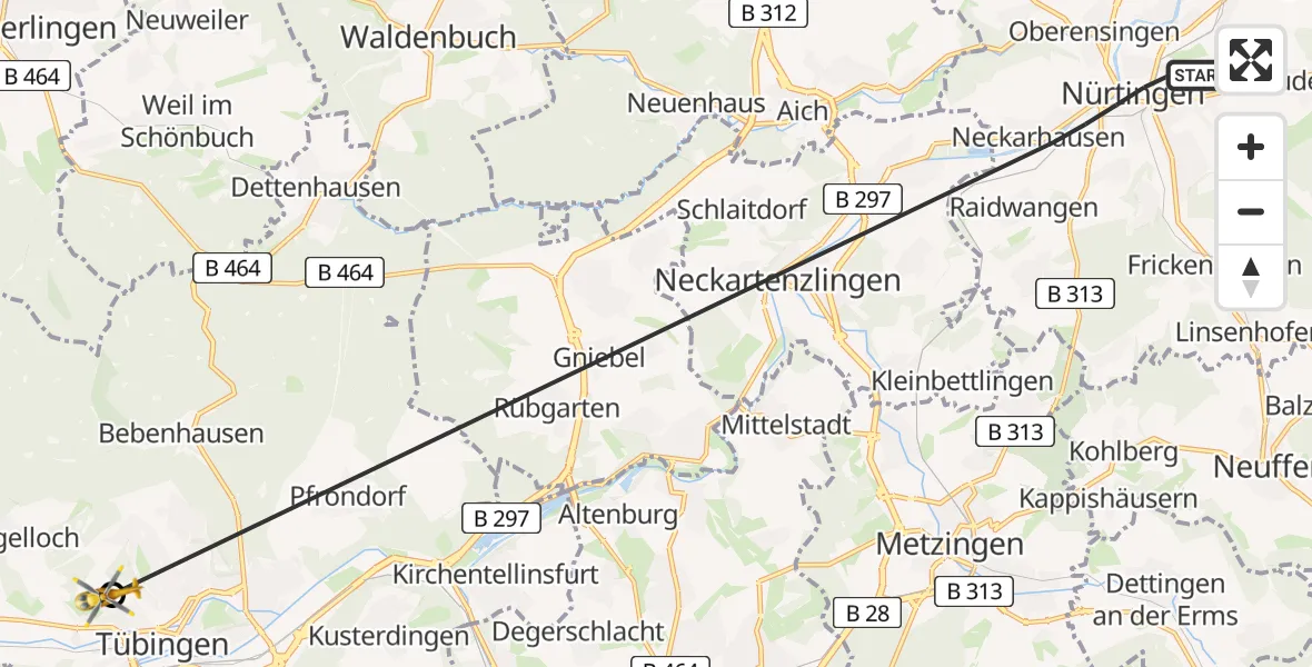 Flugroute Rettungshubschrauber Nürtingen - Tübingen University Hospital, 23 Juli 2026, 13:34