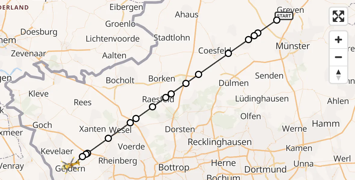 Flugroute Ambulanzhubschrauber Greven - Geldern, 23 Juli 2026, 13:43
