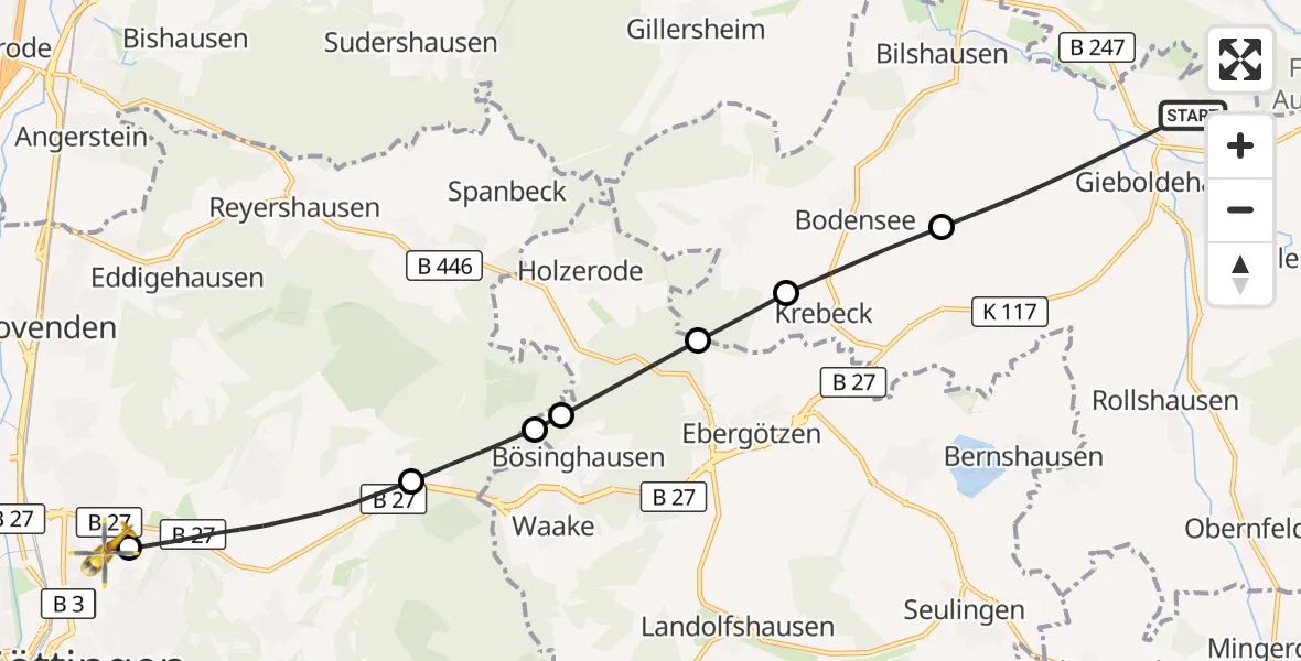 Flugroute Rettungshubschrauber Gieboldehausen - Göttingen University Clinic Hubschrauberlandeplatz, 23 Juli 2026, 13:43