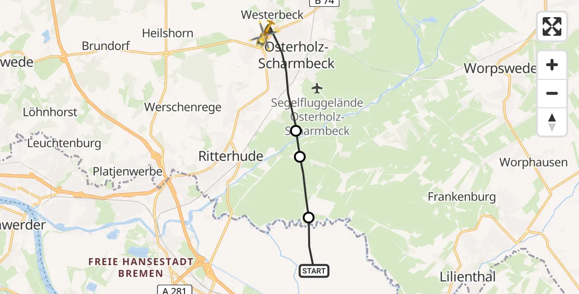 Flugroute Rettungshubschrauber Bremen - Osterholz-Scharmbeck, 23 Juli 2026, 13:43