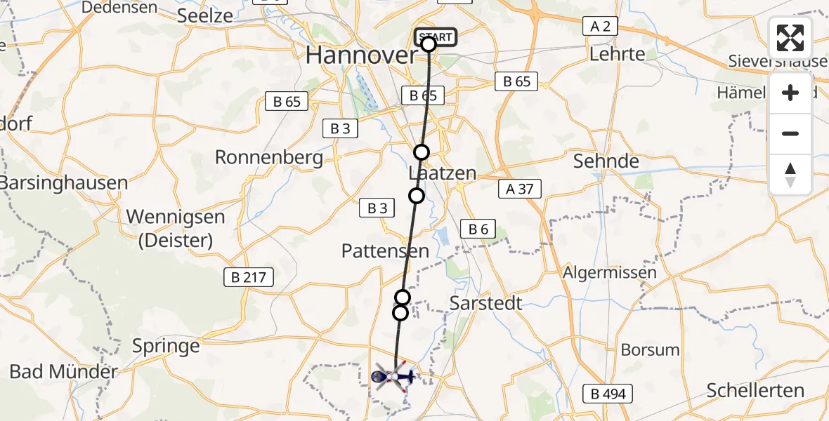 Flugroute Polizeihubschrauber Hannover Luftrettung Hubschrauberlandeplatz (Christoph 4) - Pattensen, 23 Juli 2026, 13:43