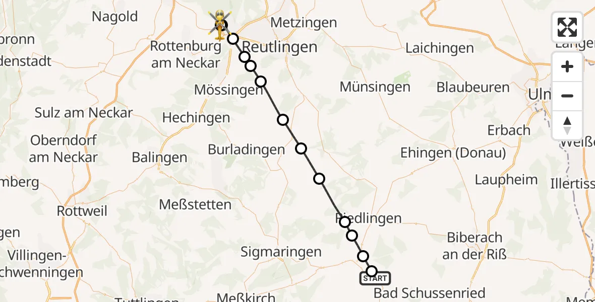 Flugroute Rettungshubschrauber Bad Saulgau - Tübingen Trauma Hospital, 23 Juli 2026, 13:49