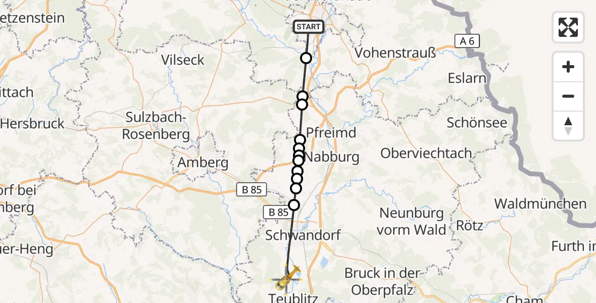 Flugroute Ambulanzhubschrauber Weiden i.d.OPf. - Schwandorf, 23 Juli 2026, 13:50