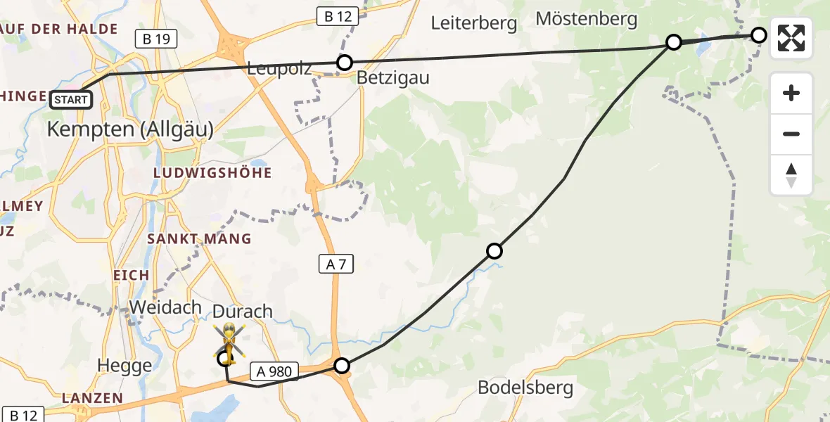 Flugroute Rettungshubschrauber Kempten (Allgäu) - Kempten-Durach Flugplatz, 23 Juli 2026, 13:52