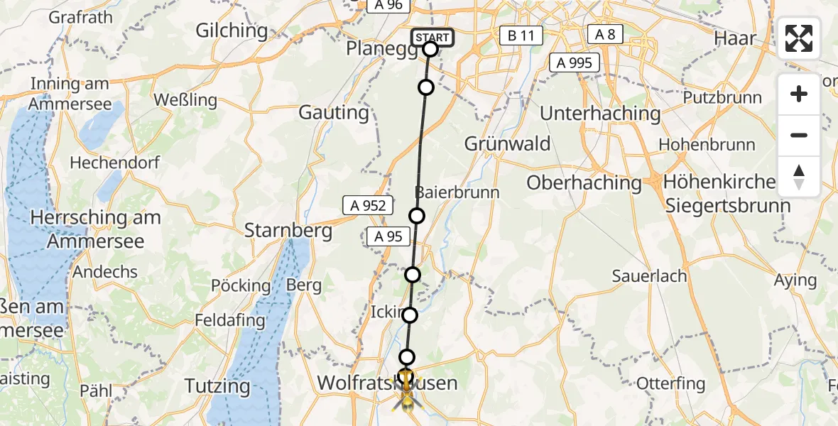 Flugroute Rettungshubschrauber DRF Air Rescue München Hubschrauberlandeplatz - Wolfratshausen, 23 Juli 2026, 13:53