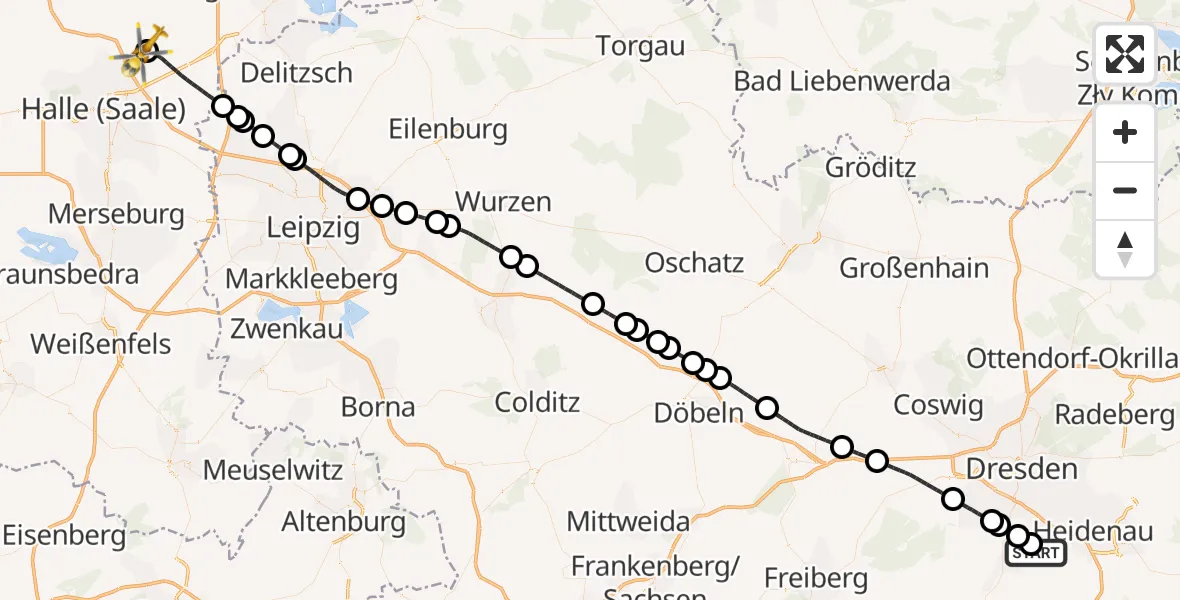 Flugroute Rettungshubschrauber Bavaria Hospital Kreischa - Halle-Oppin Flugplatz, 23 Juli 2026, 13:55
