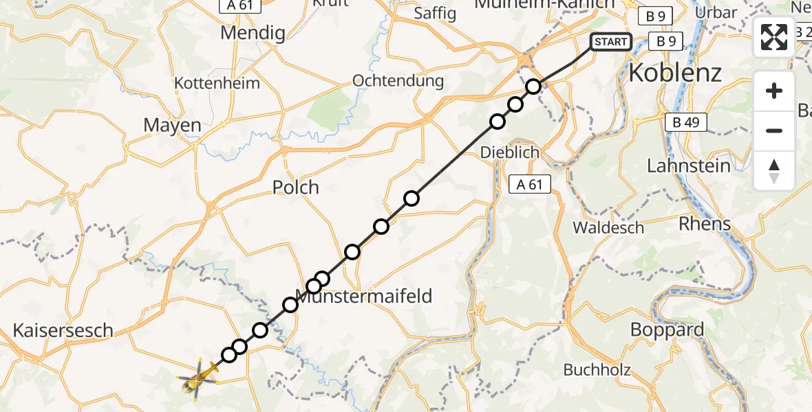 Flugroute Rettungshubschrauber Koblenz - Binningen, 23 Juli 2026, 13:59