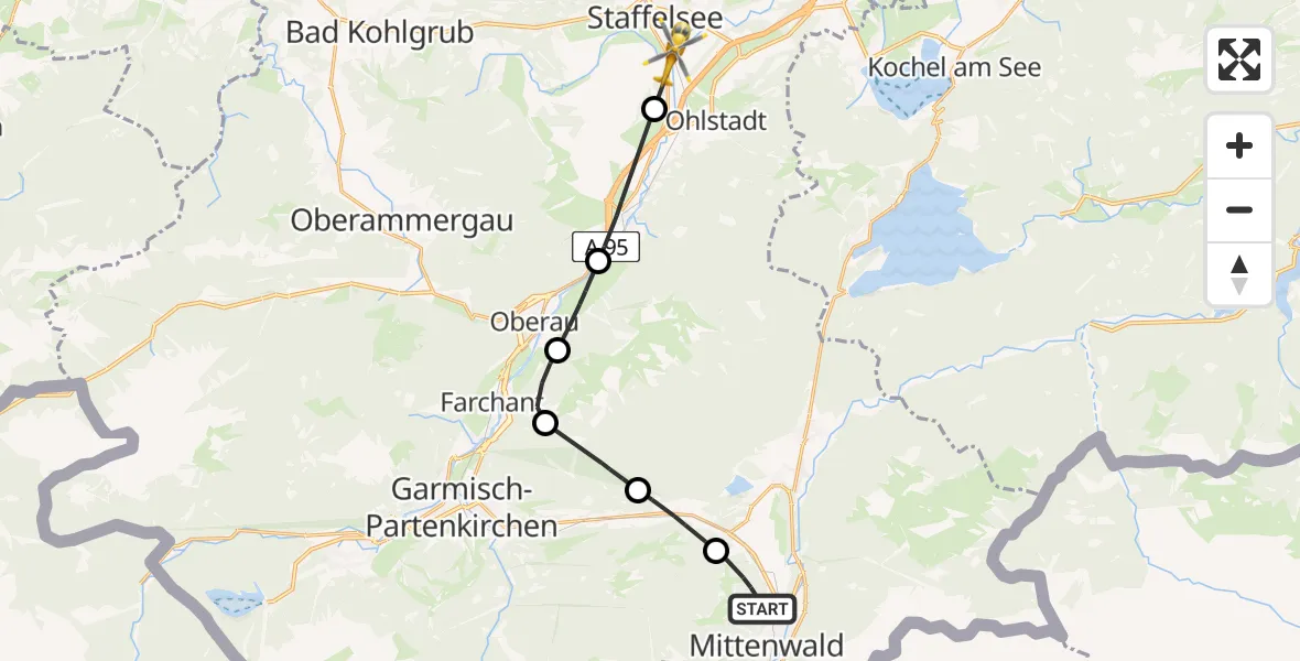 Flugroute Rettungshubschrauber Mittenwald - Murnau a.Staffelsee, 23 Juli 2026, 14:02