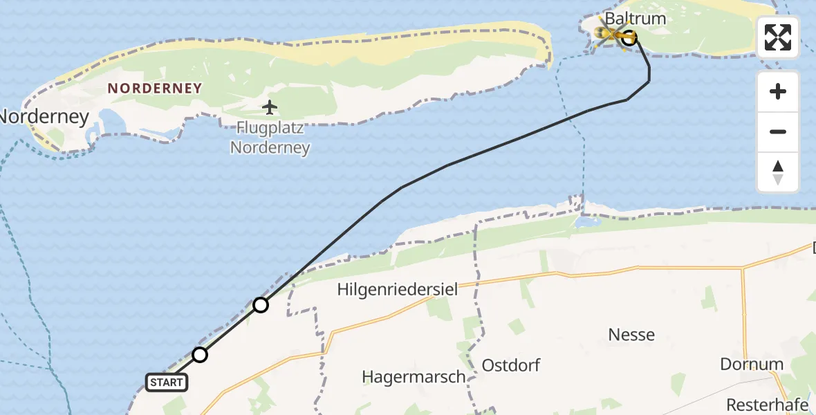 Flugroute Ambulanzhubschrauber Noordzee - Baltrum Flughafen, 23 Juli 2026, 14:05